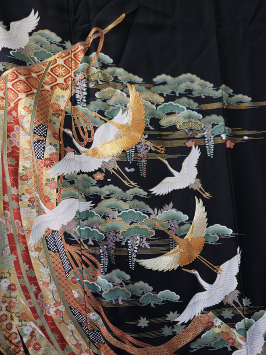 Premium Fabric: AP9-08 White Cranes Flying With Golden Strips of Fabric