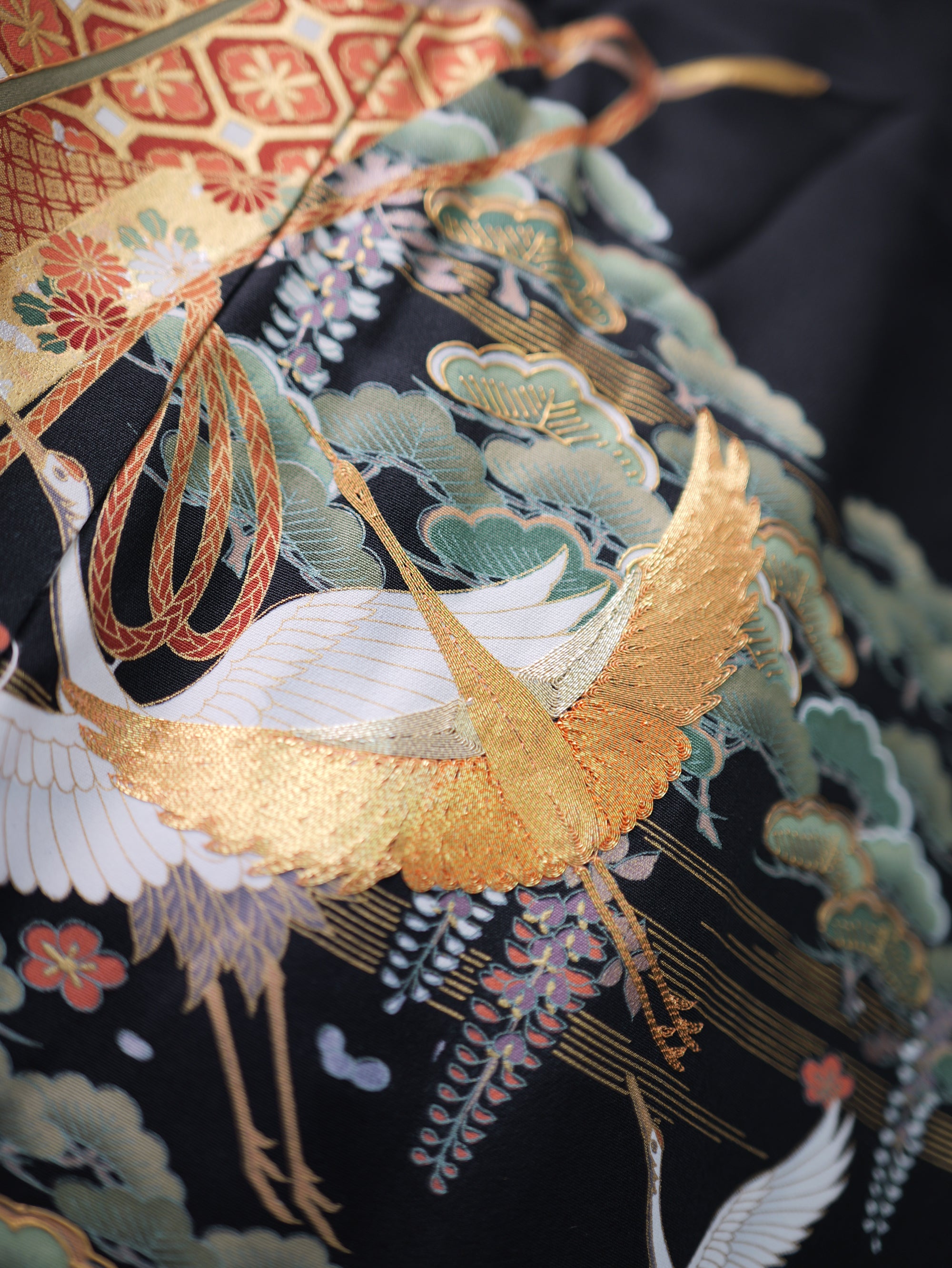 Premium Fabric: AP9-08 White Cranes Flying With Golden Strips of Fabric