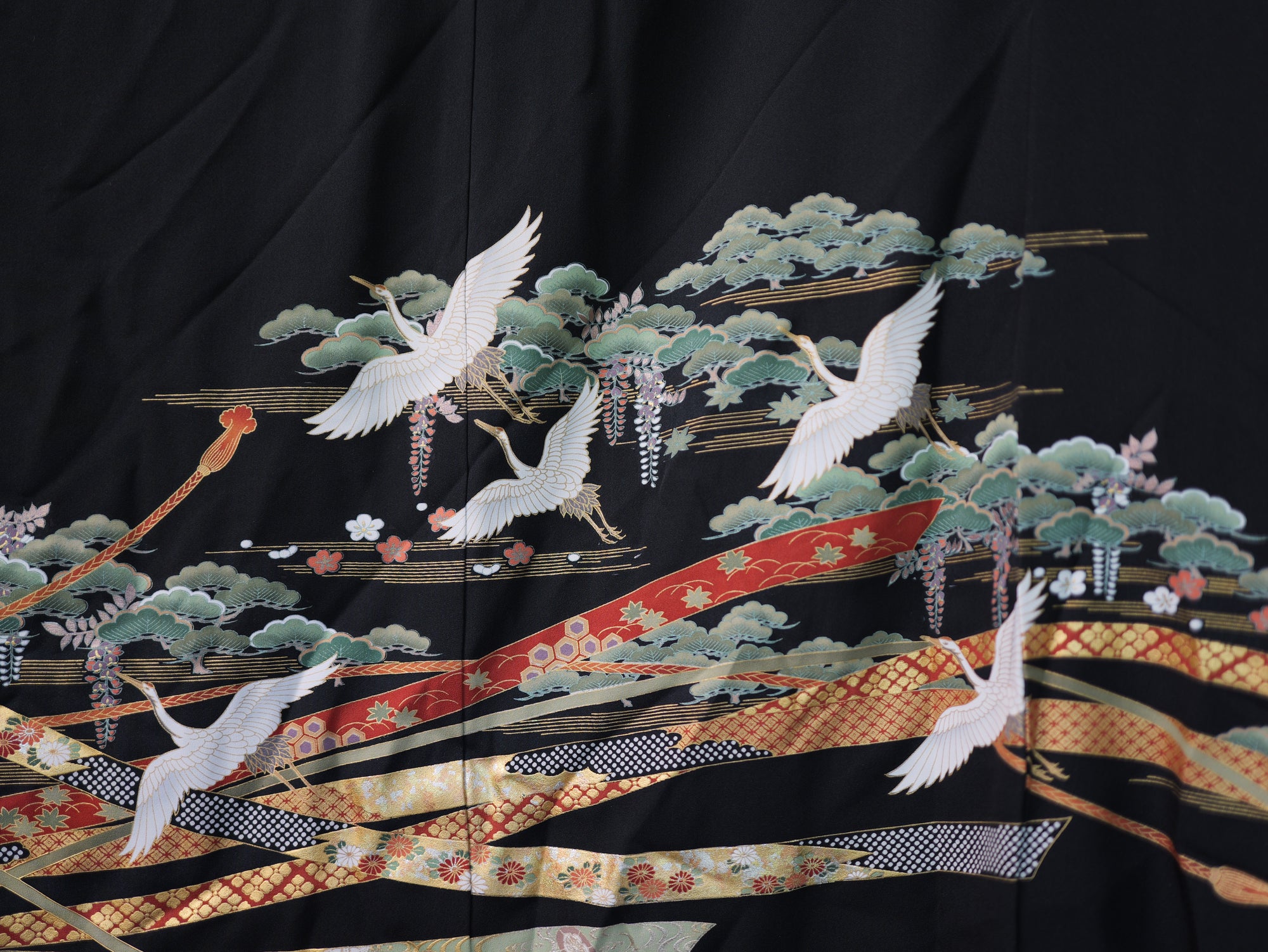 Premium Fabric: AP9-08 White Cranes Flying With Golden Strips of Fabric