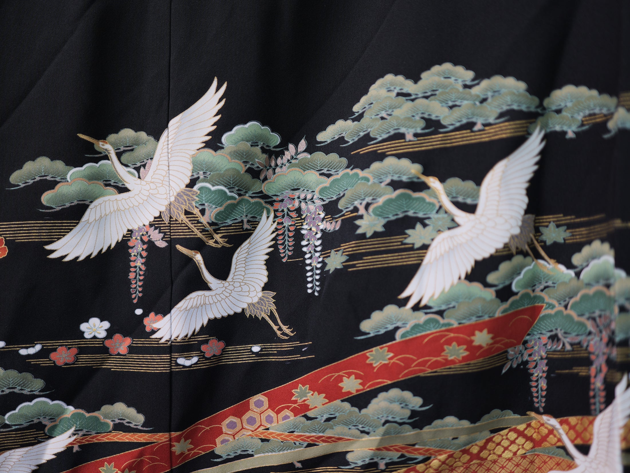 Premium Fabric: AP9-08 White Cranes Flying With Golden Strips of Fabric