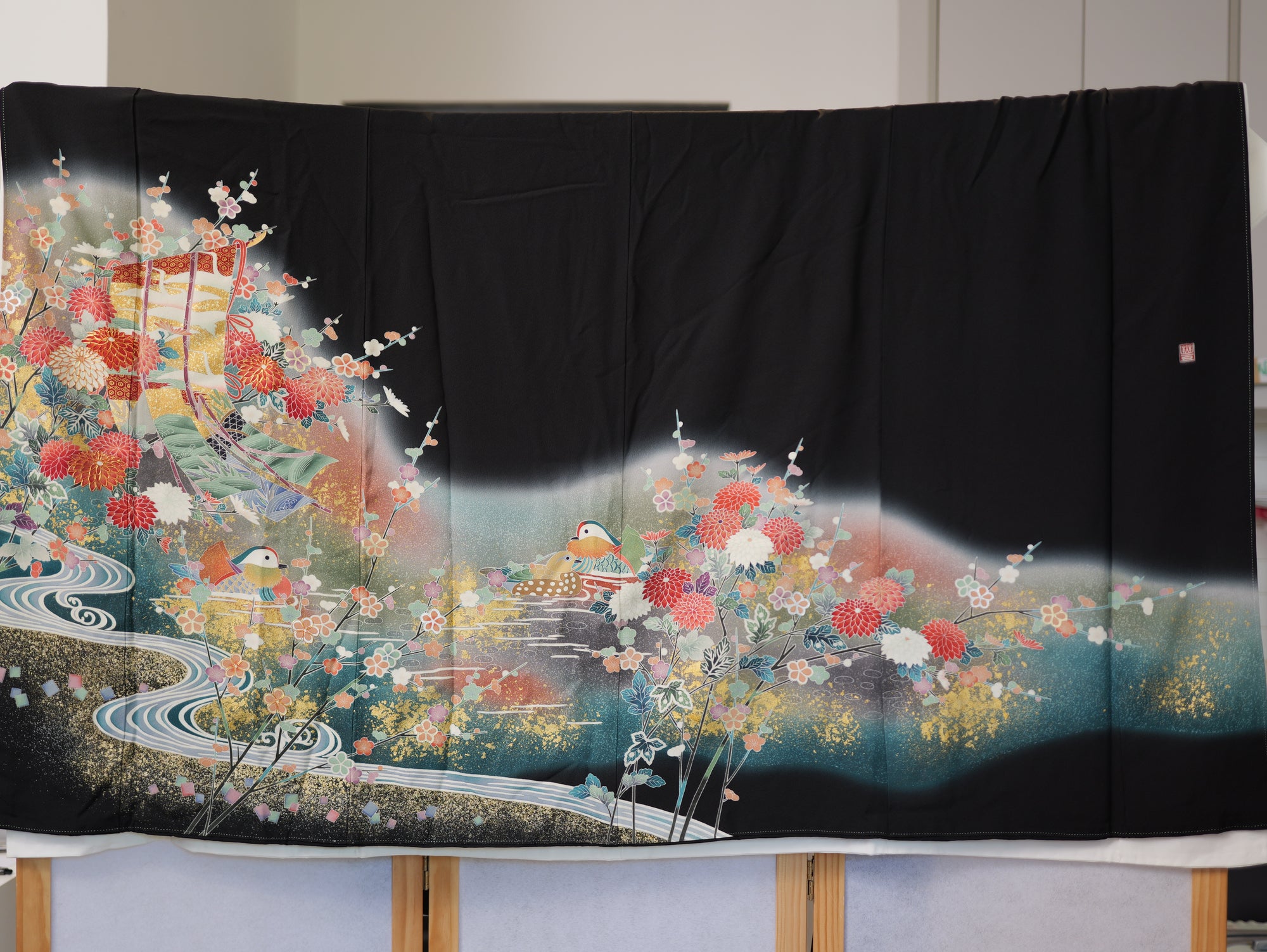 Sakura Collection Fabric: AP9-18-U Multicolored Mandarin Ducks with Gold Embroidery