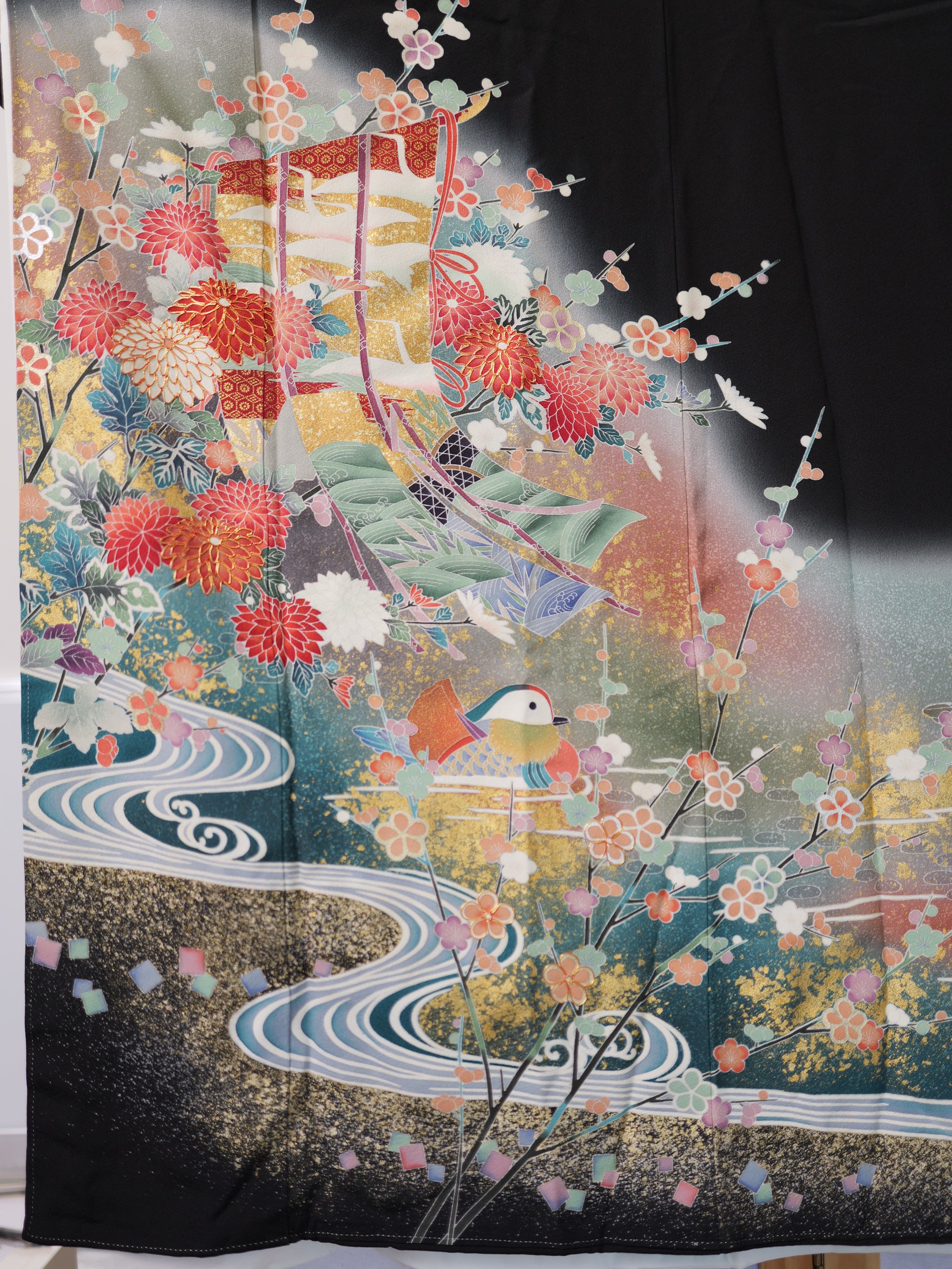 Sakura Collection Fabric: AP9-18-U Multicolored Mandarin Ducks with Gold Embroidery