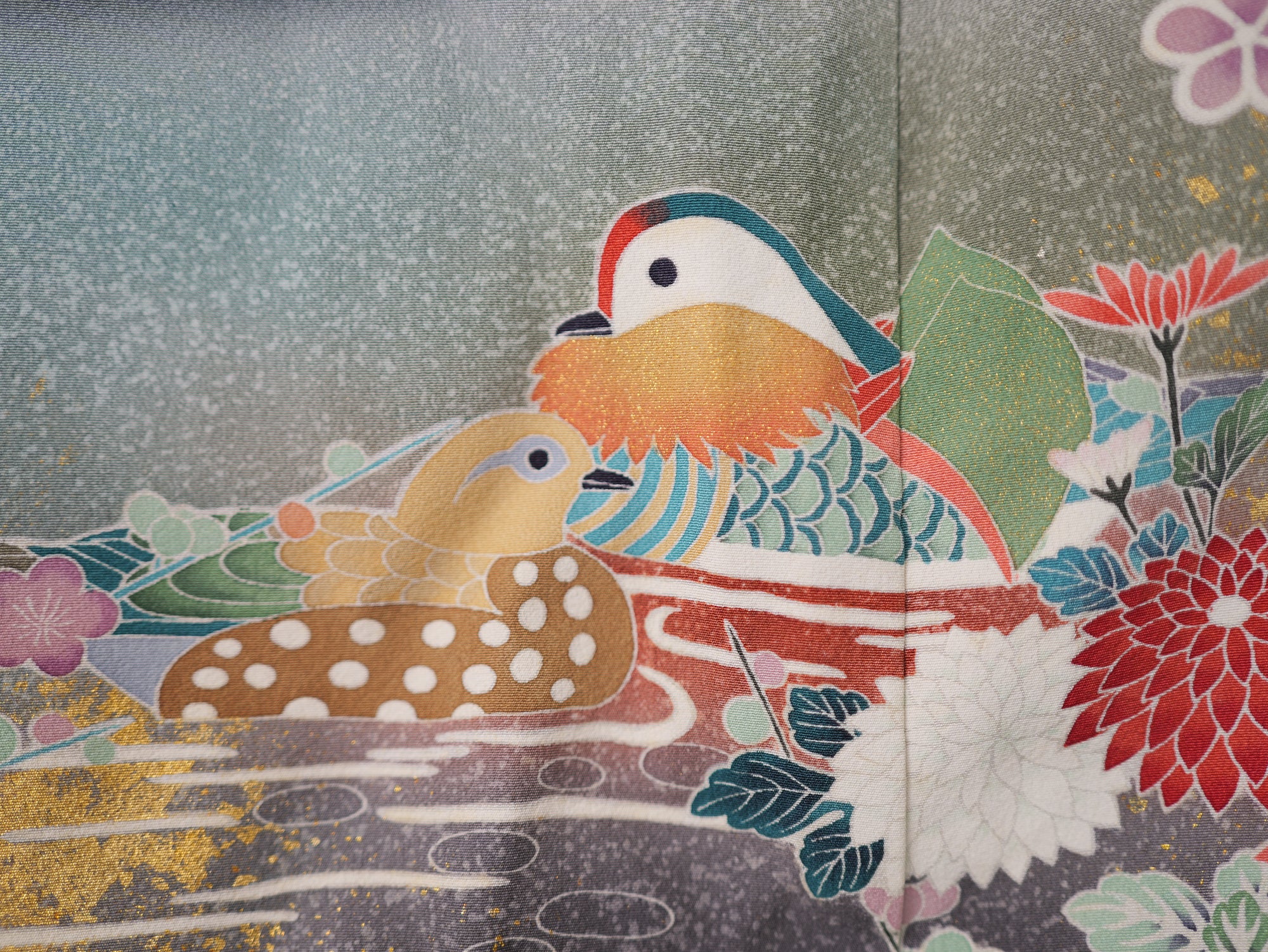 Sakura Collection Fabric: AP9-18-U Multicolored Mandarin Ducks with Gold Embroidery