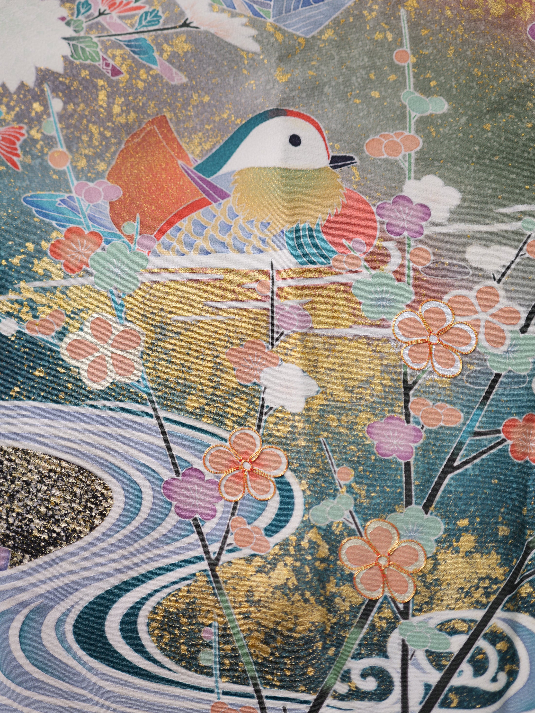 Sakura Collection Fabric: AP9-18-U Multicolored Mandarin Ducks with Gold Embroidery