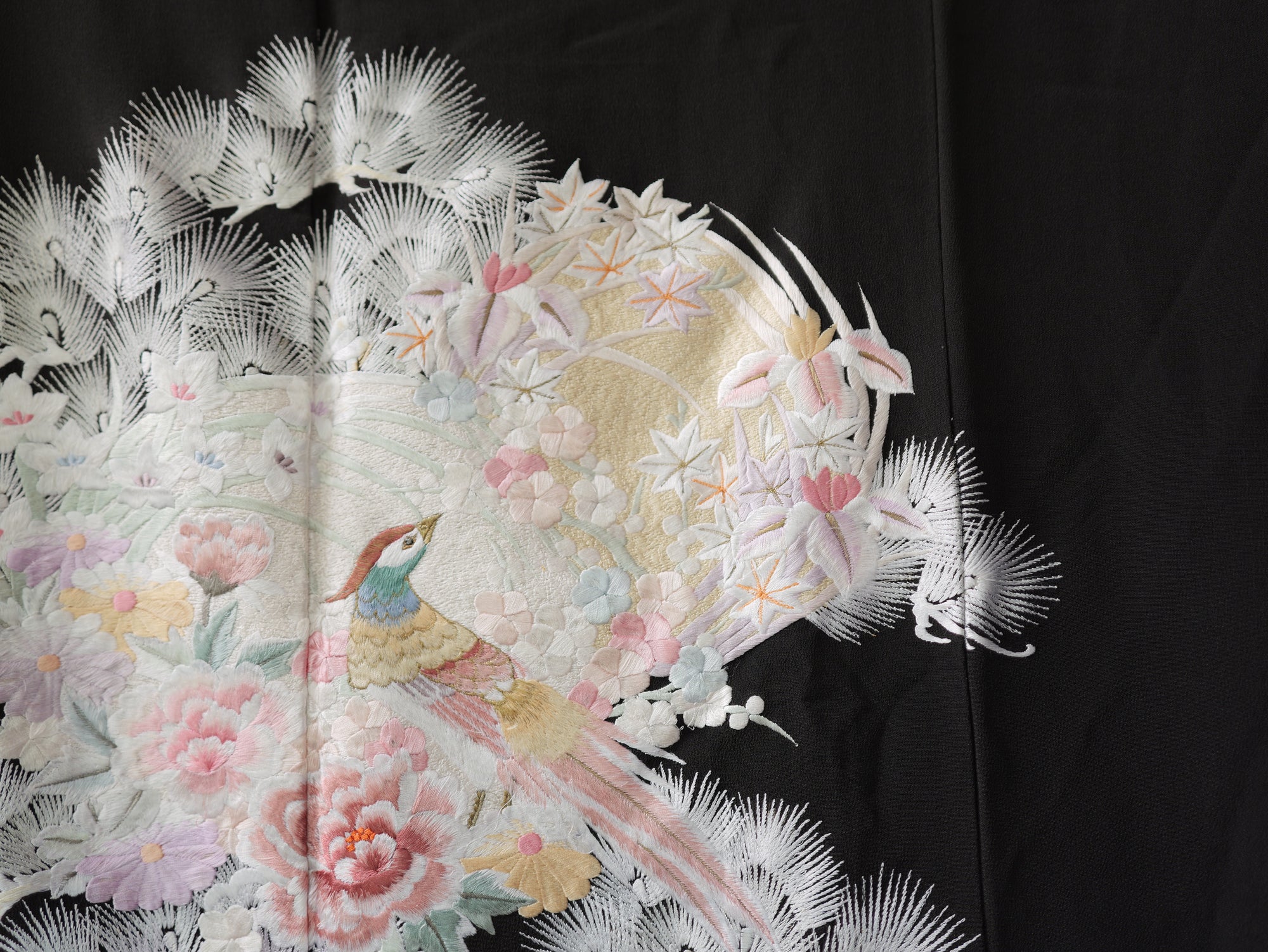 Sakura Collection Fabric: AP9-20 Fully Embroidered Pastel Phoenix In Floral Nest