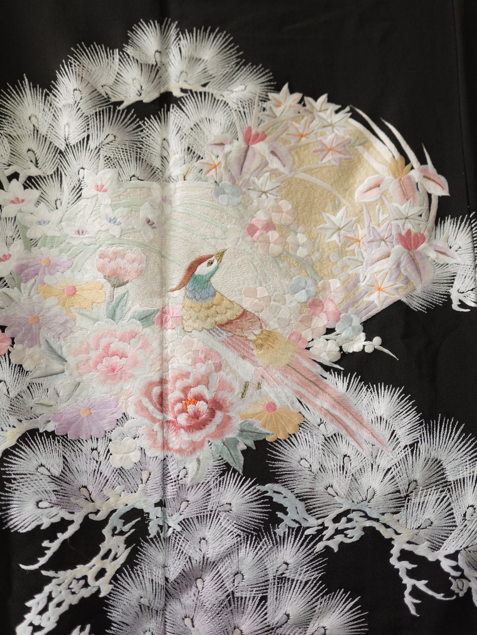 Sakura Collection Fabric: AP9-20 Fully Embroidered Pastel Phoenix In Floral Nest