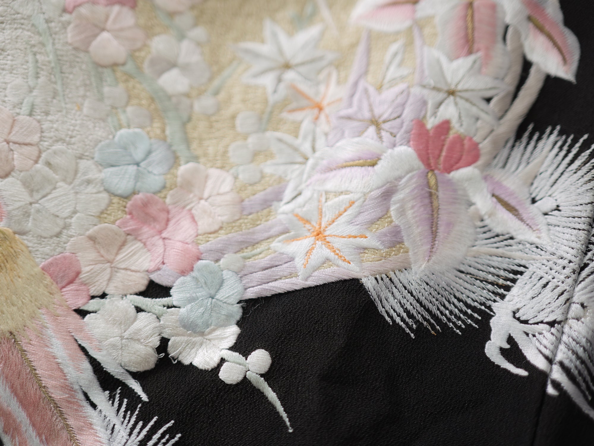 Sakura Collection Fabric: AP9-20 Fully Embroidered Pastel Phoenix In Floral Nest
