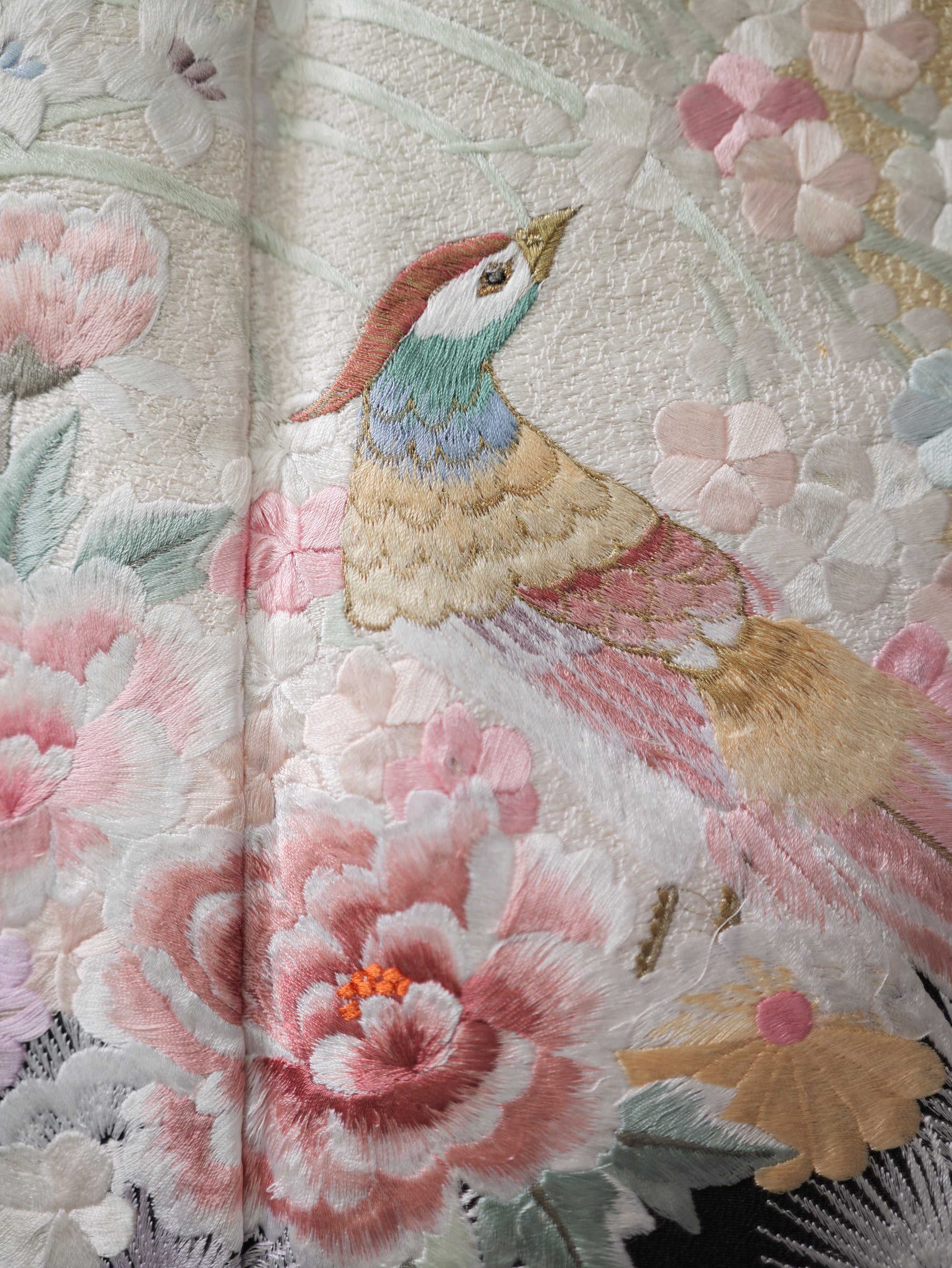 Sakura Collection Fabric: AP9-20 Fully Embroidered Pastel Phoenix In Floral Nest