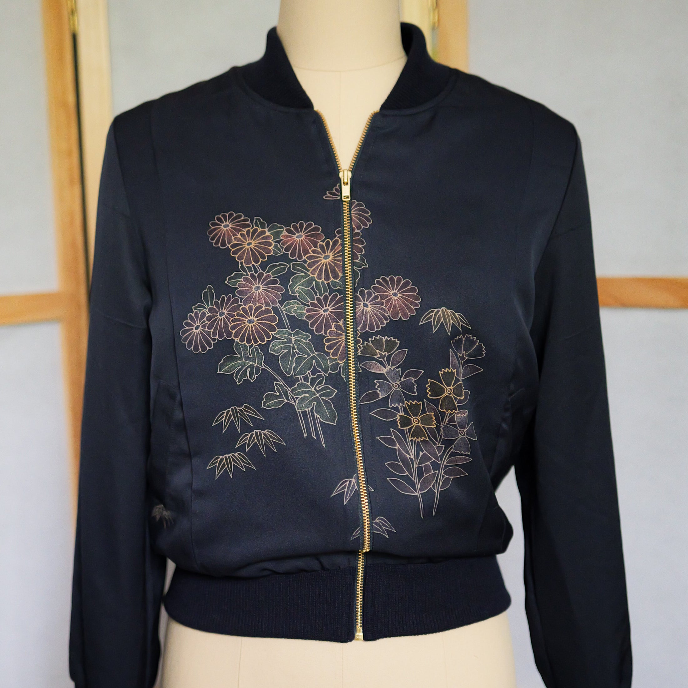 On-hand: Bomber Jacket : Navy Blue Garden (elegant color): BJ3639 - Size MA