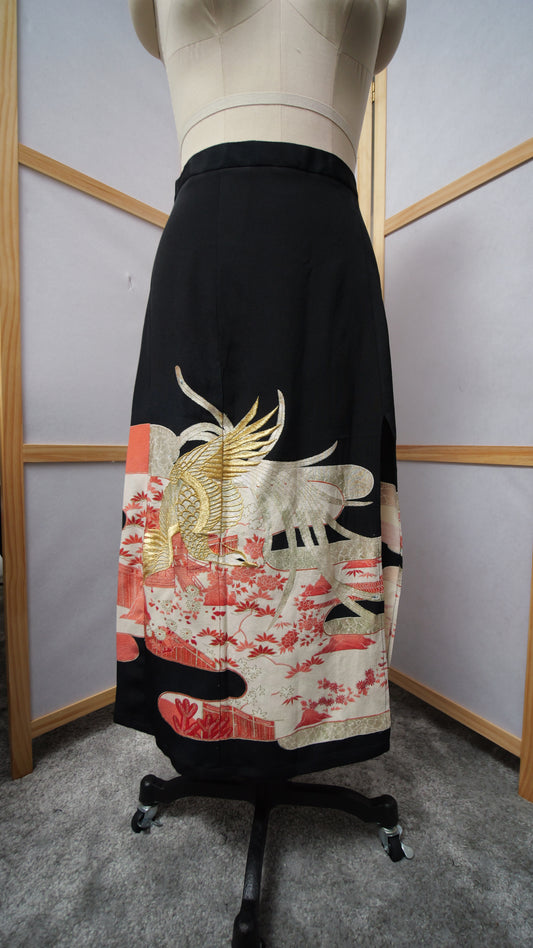 Ap30 On-hand: Black High Slit Skirt With Embroidered Phoenix | Mimi size