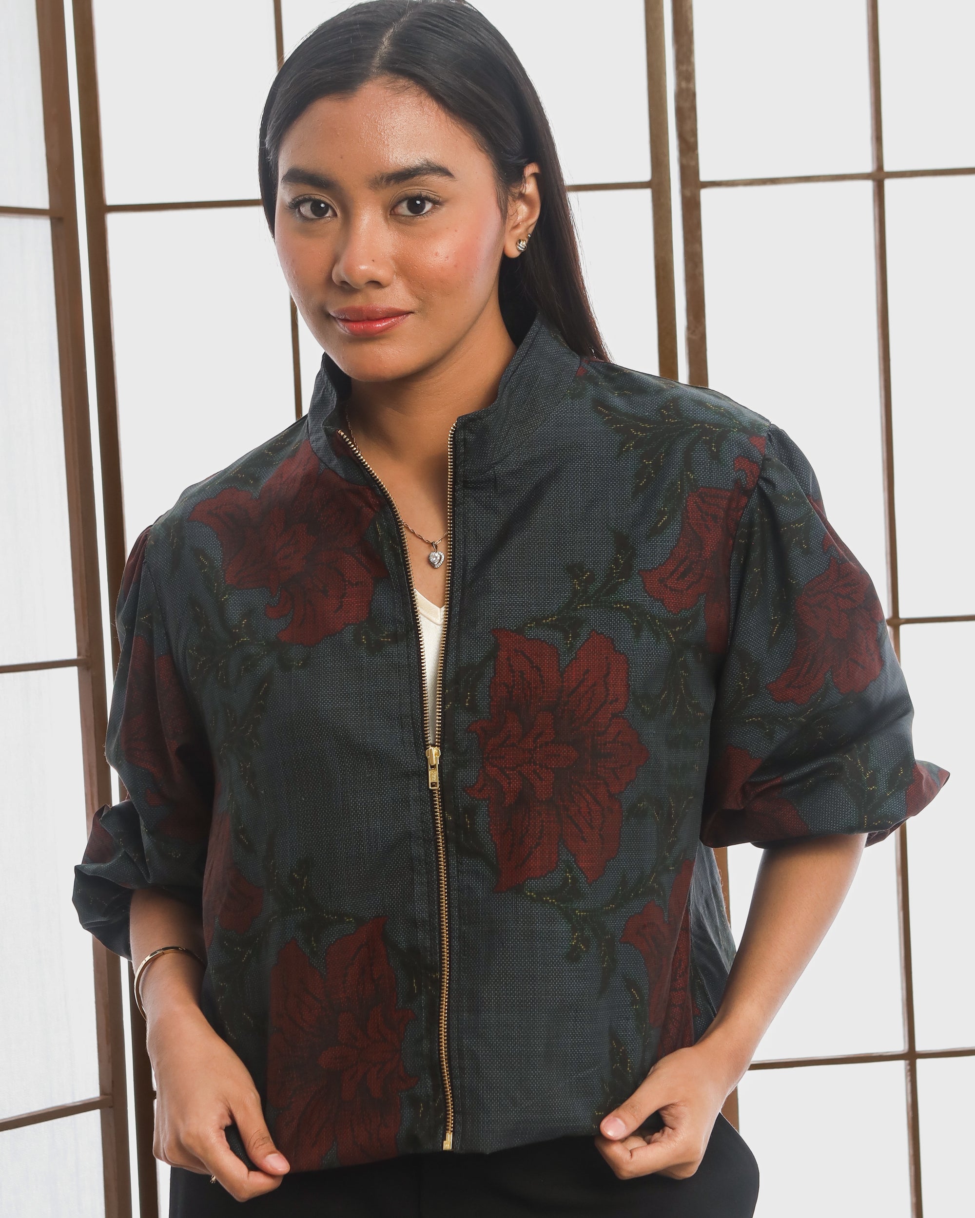 On-hand item:  Black floral Puffer Jacket from Oshima Fabric | PJ7540M | Mimi size (XLB)